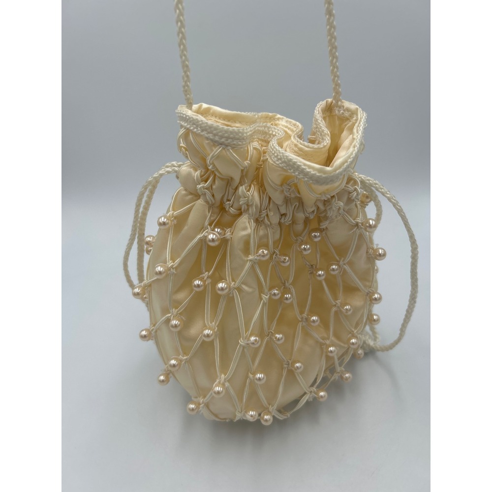Vintage Avon Cream Satin Faux Pearl Net Drawstring Evening Bag Wedding Pouch